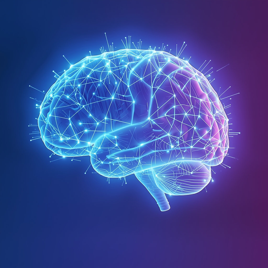 Abstract glowing digital brain made of circuit nodes and light fibers, blue and purple gradient background, concept of artificial intelligence, high detail, 3d render